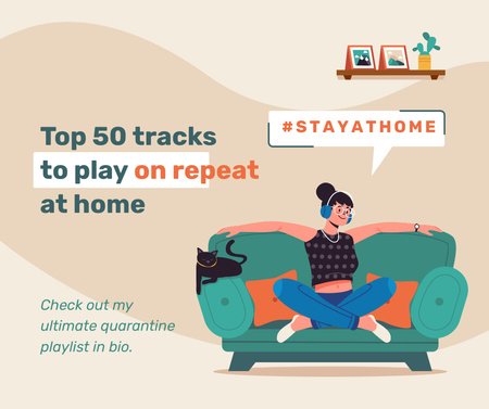 #StayAtHome Woman listening music on sofa with cat Facebook Πρότυπο σχεδίασης