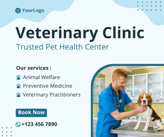 Trustworthy Veterinary Clinic With Services Description And Booking Facebook Design Template