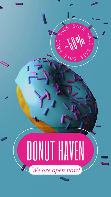 Scrumptious Doughnuts In Shop At Half Price Instagram Video Story Πρότυπο σχεδίασης