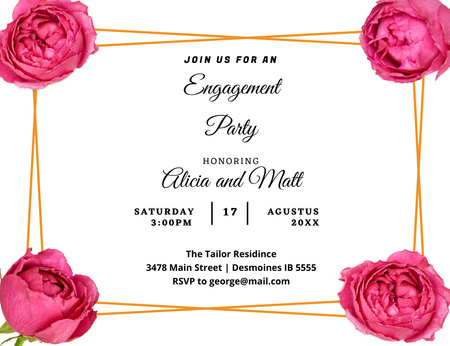 Plantilla de diseño de Anuncio de fiesta de compromiso con flores rosas Invitation 13.9x10.7cm Horizontal 