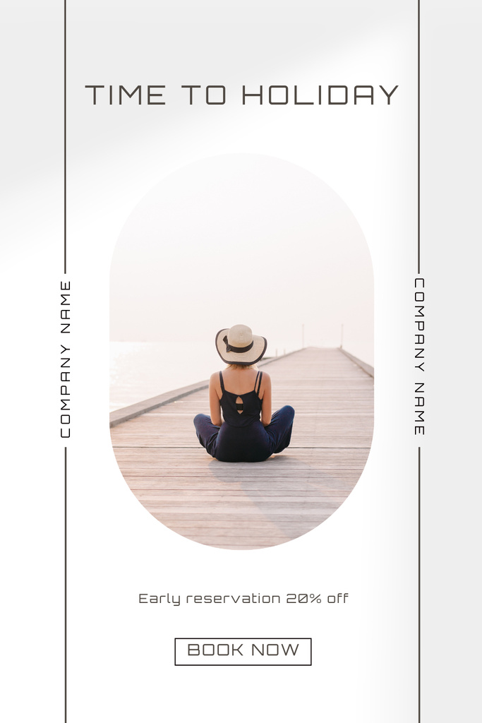Young Woman Sits on Wooden Bridge and Enjoys Vacation Pinterest Modelo de Design