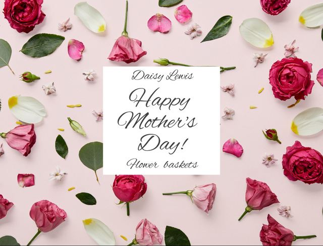 Mother's Day Holiday Greeting with Fresh Pink Roses Postcard 4.2x5.5in Design Template