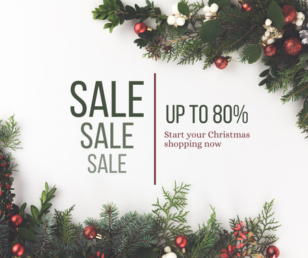 Christmas Sale Announcement with Decorated Tree Facebook Design Template