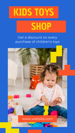 Designvorlage Kinderspielzeugladen mit kleinem Mädchen auf Blau für Instagram Story