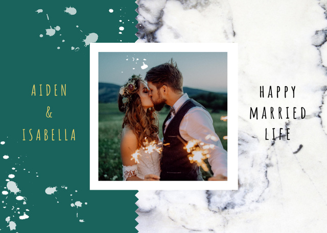 Szablon projektu Wedding Greeting Young Kissing Newlyweds in Field Postcard 5x7in