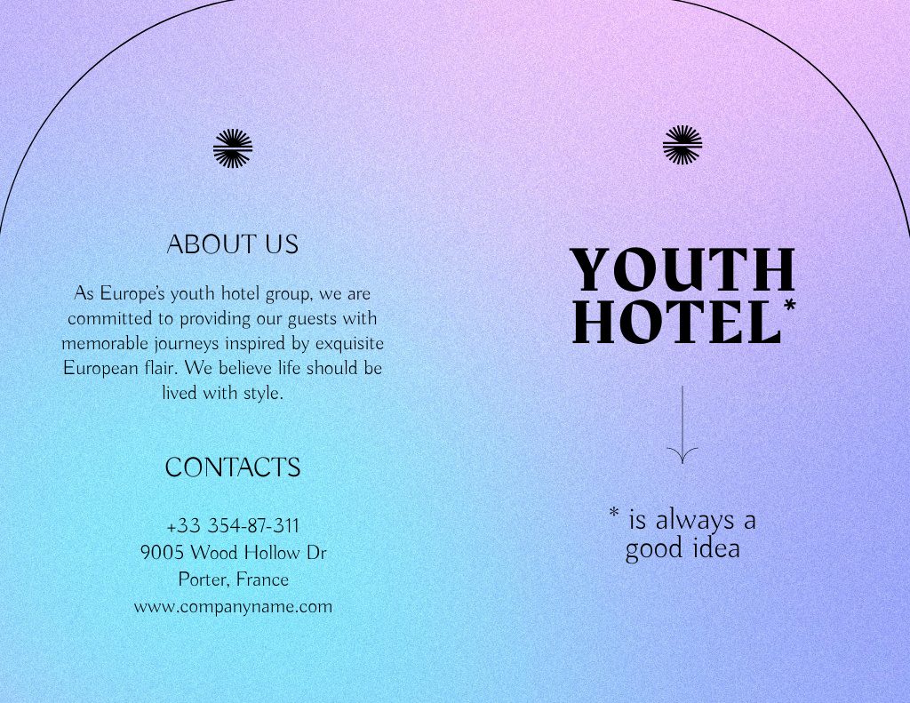 Ontwerpsjabloon van Brochure 8.5x11in Bi-fold van Youth Hotel Services Offer on Purple Gradient