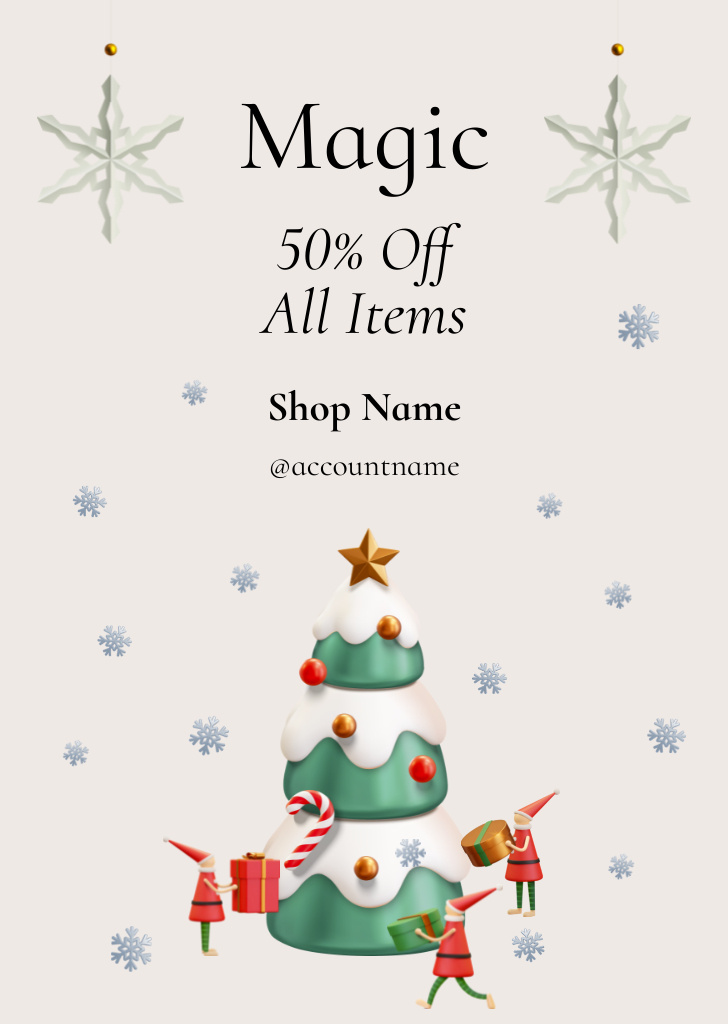 Magic Christmas Sale Ad with 3d Tree and Presents Postcard A6 Vertical – шаблон для дизайна