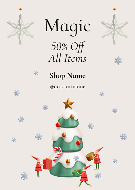 Magic Christmas Sale Ad with 3d Tree and Presents Postcard A6 Vertical Design Template