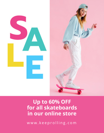 Sports Equipment Ad Girl with Bright Skateboard Poster 22x28in Design Template