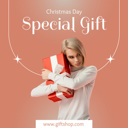 Attractive Young Woman with Christmas Gift Instagram AD tervezősablon