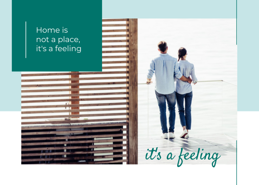 Ontwerpsjabloon van Postcard 5x7in van Couple Hugging On Terrace And Quote About Home