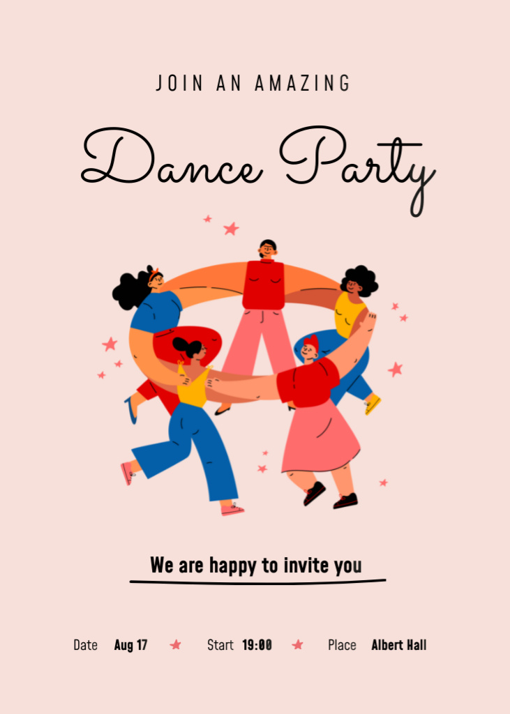 Dance Party Announcement with People Dancing in Circle Invitation Design Template
