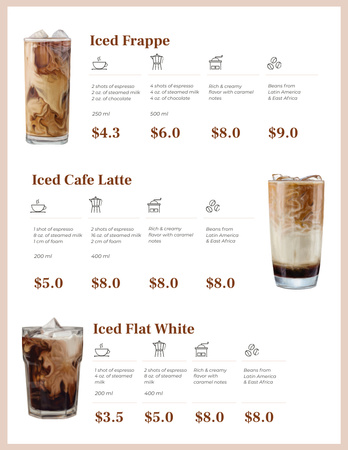 Buzlu Kahve içecekleri teklifi Menu 8.5x11in Tasarım Şablonu