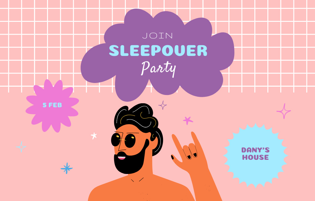 Plantilla de diseño de Announcement of Cool Sleepover Party In Pink In February Invitation 4.6x7.2in Horizontal 