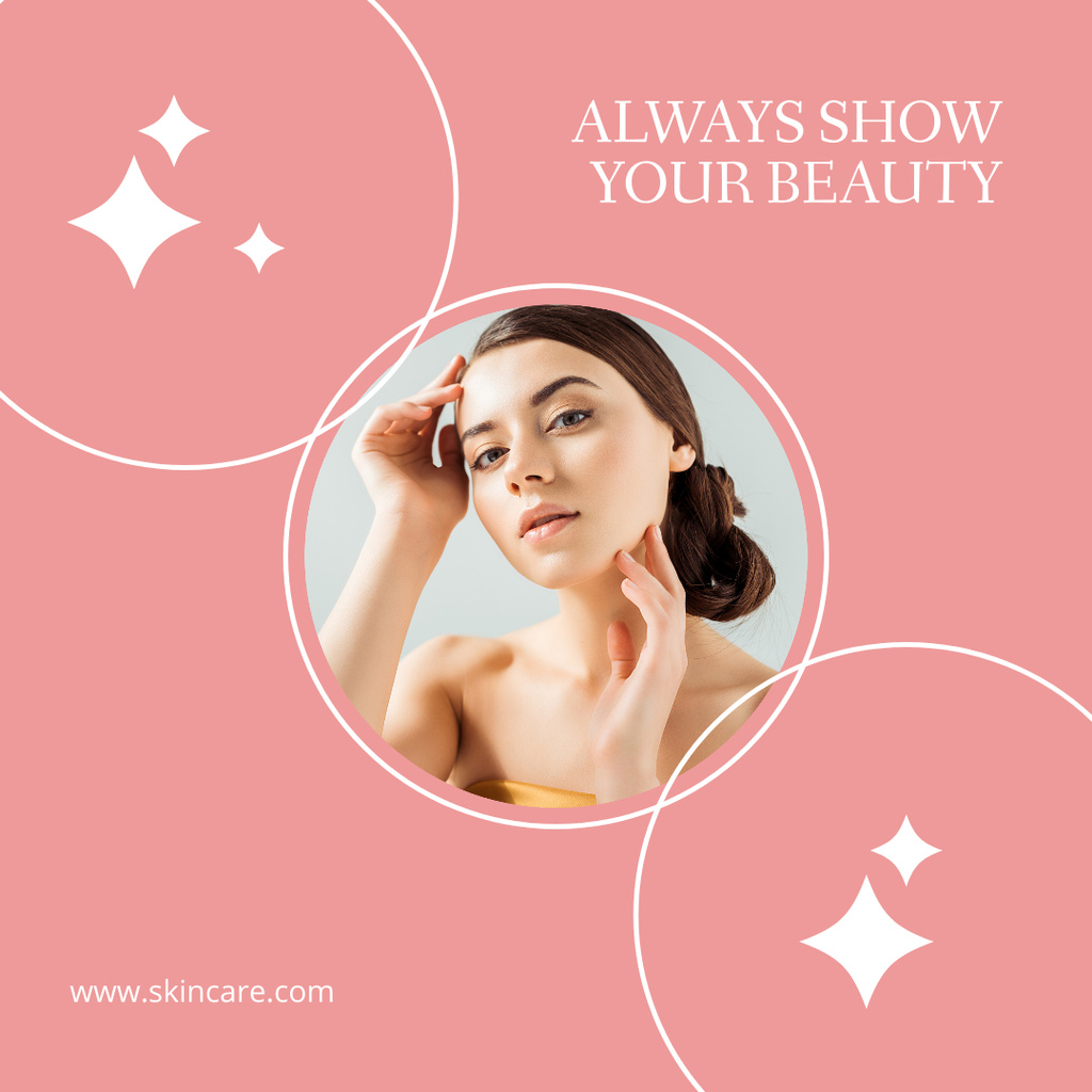 New Cosmetic Product Proposal with Beautiful Young Woman in Pink Instagram Design Template