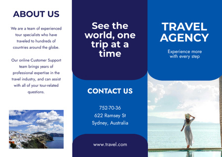 Platilla de diseño Travel Agency Service Offer with Woman by Sea Brochure