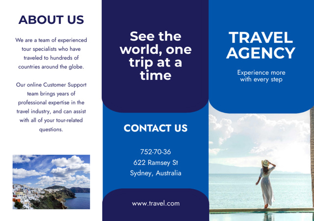 Travel Agency Service Offer with Woman by Sea Brochure Modelo de Design