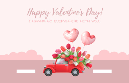 Happy Valentine's Day with Retro Car Carrying Tulips Thank You Card 5.5x8.5in Design Template
