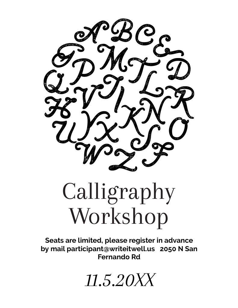 Plantilla de diseño de Calligraphy Workshop Announcement Flyer 8.5x11in 