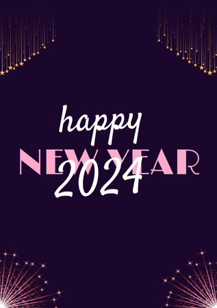 New Year Greeting with Fireworks on Dark Purple Postcard A5 Vertical Tasarım Şablonu