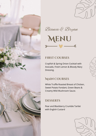 Lista de comida de casamento com mesas servidas no fundo Menu Modelo de Design