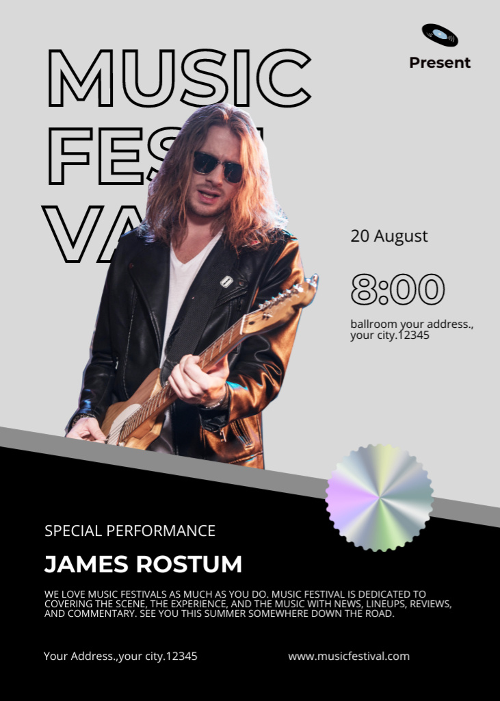 August Music Festival With Rock Performer Flayer Πρότυπο σχεδίασης