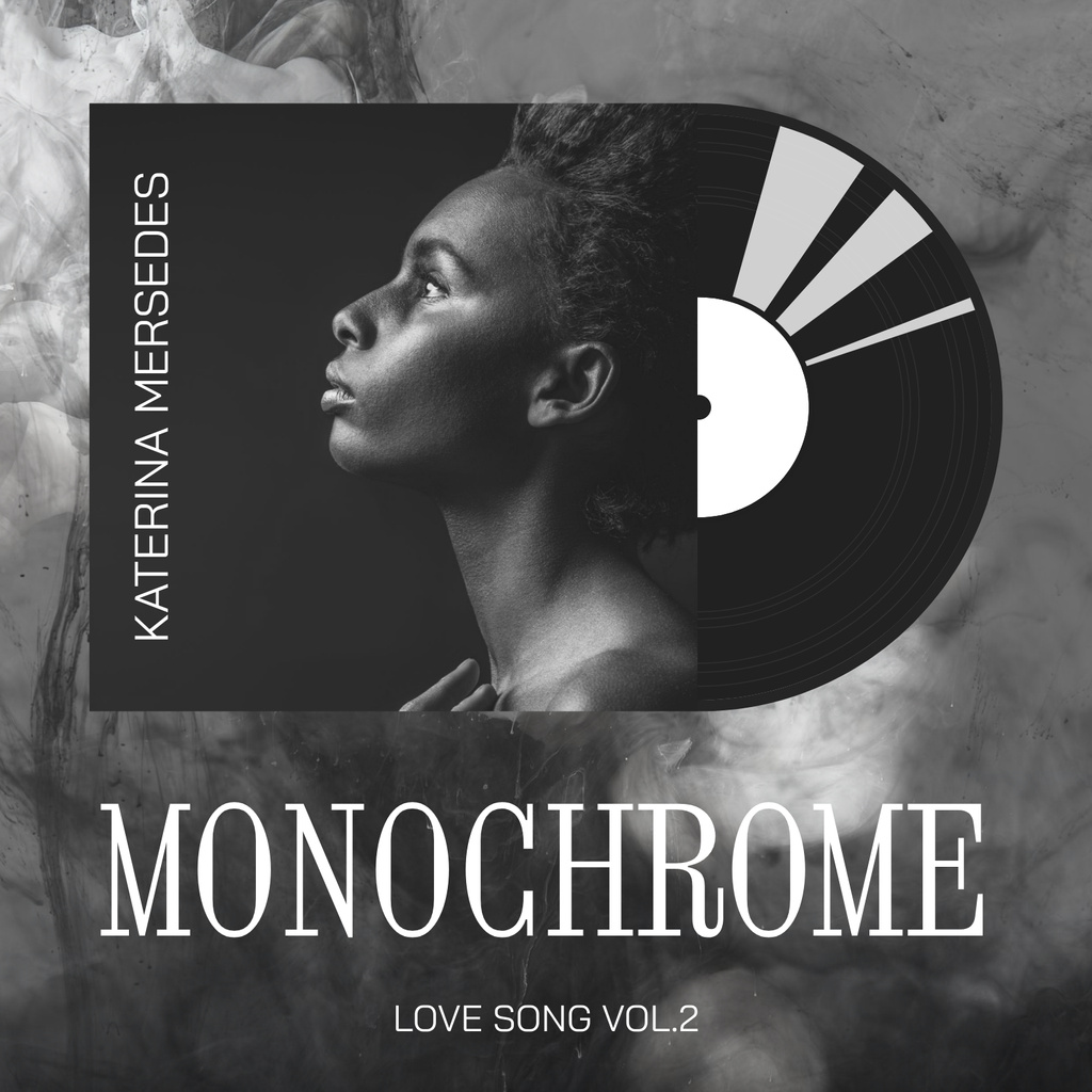 Profile of black woman on cover of vinyl disc with white title on smoke background Album Cover Šablona návrhu