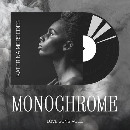 Designvorlage Profile of black woman on cover of vinyl disc with white title on smoke background für Album Cover
