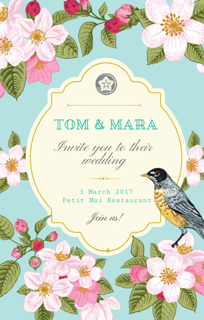 Wedding Invitation with Flowers and Bird in Blue Invitation 4.6x7.2in Design Template