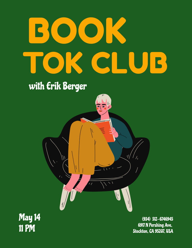 Designvorlage Book Club Invitation with Girl Reading in Cozy Armchair on Green für Poster 8.5x11in
