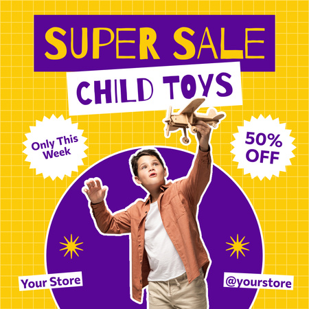 Ontwerpsjabloon van Instagram AD van Superverkoop van speelgoed met een jongen die gepassioneerd is door spelen
