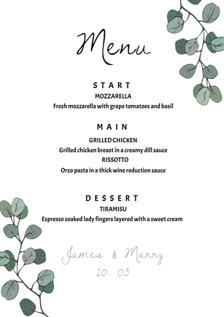 Minimal Wedding Course List with Tree Branches Illustration Menu Design Template