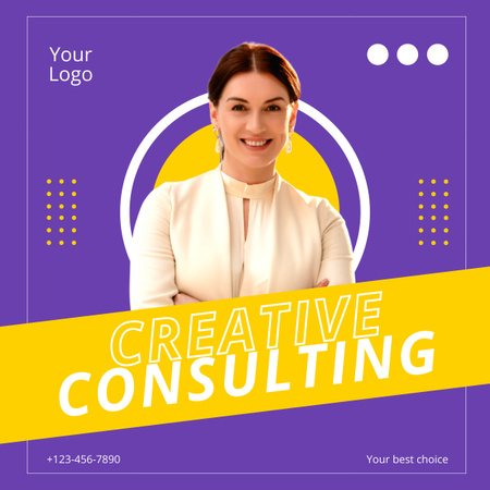 Designvorlage Dienstleistungen einer kreativen Wirtschaftsagentur mit lächelnder Frau für LinkedIn post
