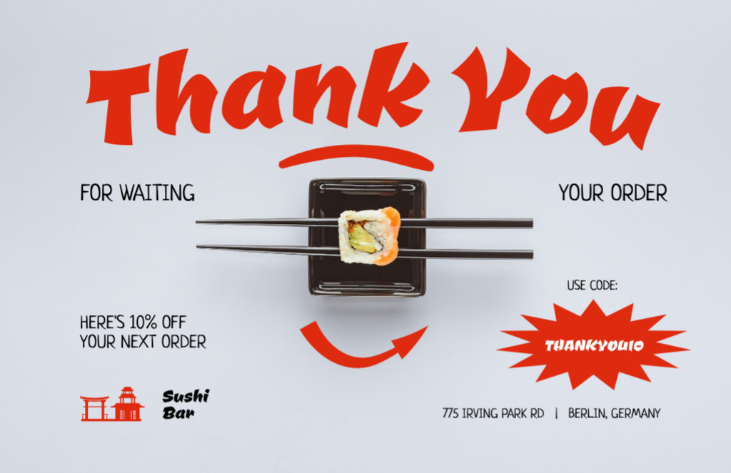 Designvorlage Delicious Philadelphia Roll Sushi für Thank You Card 5.5x8.5in