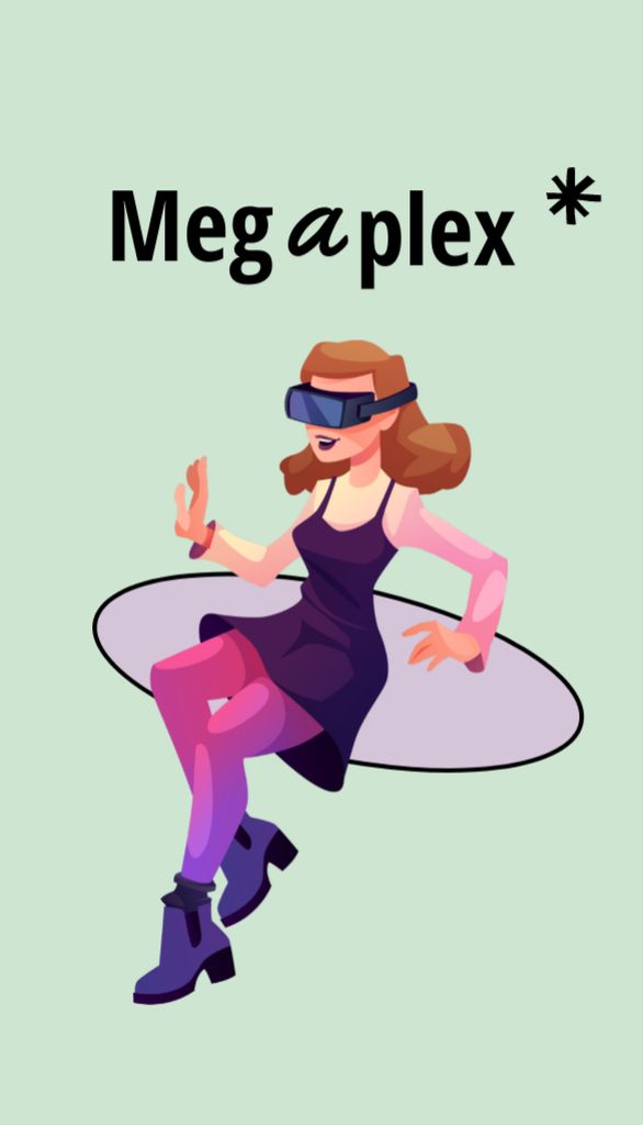 Cartoon Woman Has Fun Wearing Virtual Reality Glasses Business Card US Vertical Design Template