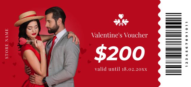 Valentine's Day Voucher with Beautiful Elegant Couple in Love Coupon 3.75x8.25in Design Template