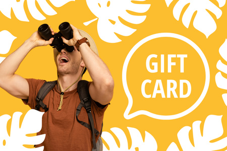 Excited Tourist Looking into Binoculars Gift Certificate Design Template