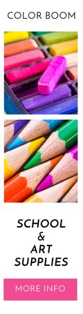 School And Art Supplies With Colorful Pencils Skyscraper Design Template