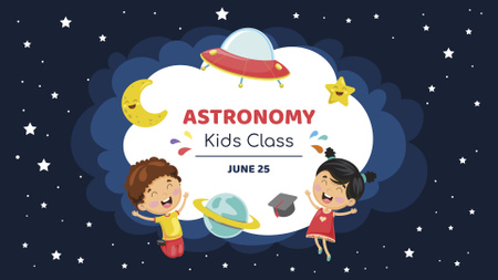 aranyos gyerekek kozmoszban űrhajóval és bolygókkal FB event cover tervezősablon
