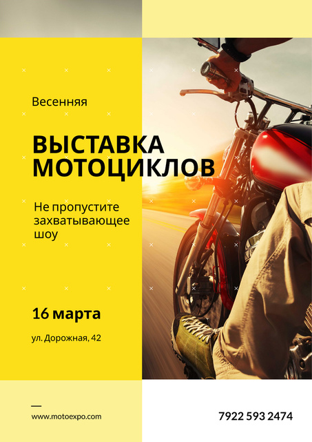 Ontwerpsjabloon van Poster van Motorcycle Exhibition with Man Riding Bike on Road