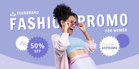 Szablon projektu Promocja kolekcji mody z kobietą w stylowych okularach przeciwsłonecznych Twitter