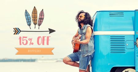 Template di design hippie day offerta con l'uomo a suonare la chitarra Facebook AD