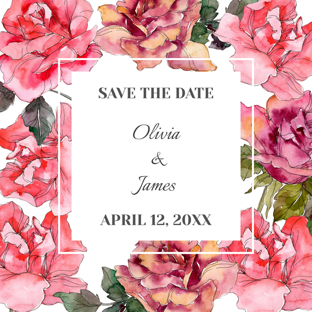 Modèle de visuel Wedding Invitation with Pink Watercolor Flowers - Instagram
