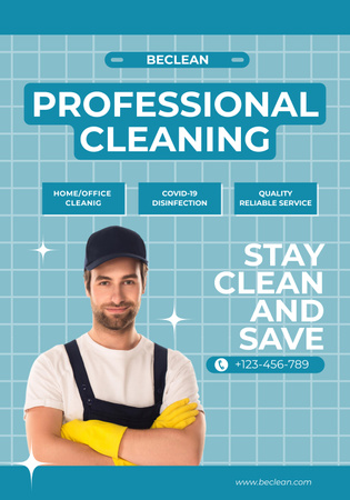 Designvorlage Cleaning Service Ad with Man in Uniform für Poster 28x40in
