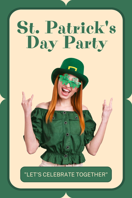 Ontwerpsjabloon van Pinterest van St. Patrick's Day Party Announcement with Redhead Woman