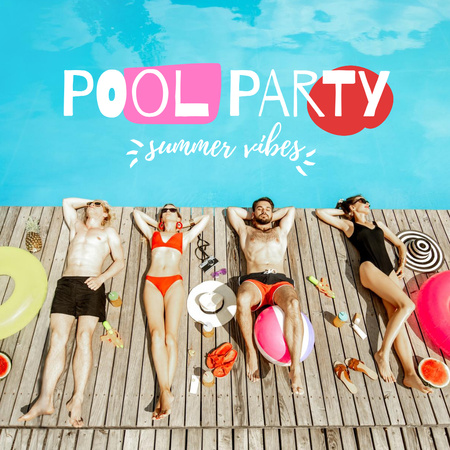 Pool Party Invitation with Friends Sunbathing Instagram Modelo de Design