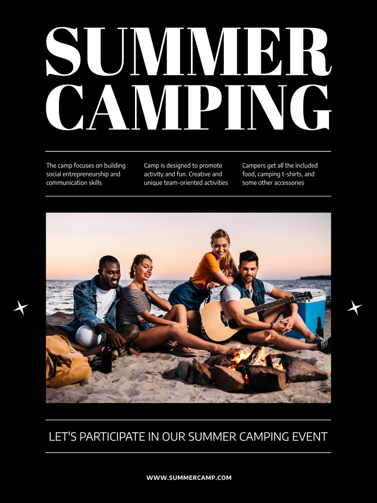 Summer Camping Promotion With Happy Friends Relaxing Together Poster 36x48in Tasarım Şablonu