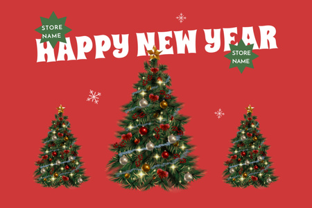 Happy New Year Greeting with Decorated Tree in Red Postcard 4x6in Design Template