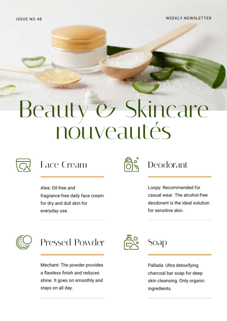 Beauty and Skincare nouveautes Review Newsletter Modelo de Design
