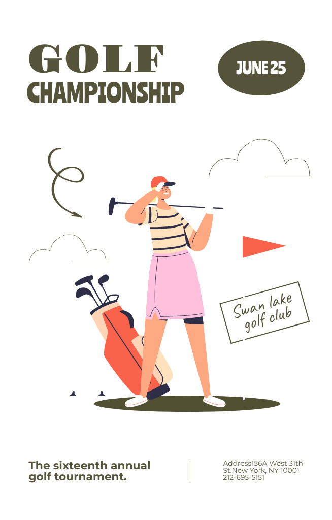 Golf Championship Announcement with Cartoon Woman Invitation 4.6x7.2in Design Template